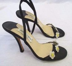 JIMMY CHOO Black Satin Ankle Tie Sandals with Beaded Flowers at Front - ... - $50.00