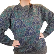 Vintage 80s Sweater Gray Abstract Geometric Dad Wool Blend Preppy Pullover Sz M - £29.75 GBP