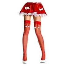 Red Fishnet Thigh Highs Bow &amp; Snowball Pom Poms Elf Santa Helper Sexy Mr... - €6,86 EUR
