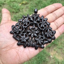Ebony Wood Flower Carved Handmade Pendant, 78 mm wide, D 2 - £24.05 GBP