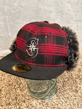 Seattle Mariners Wool New Era Ear Flap Fitted Hat Blue 7 3/8 red black plaid - £27.56 GBP