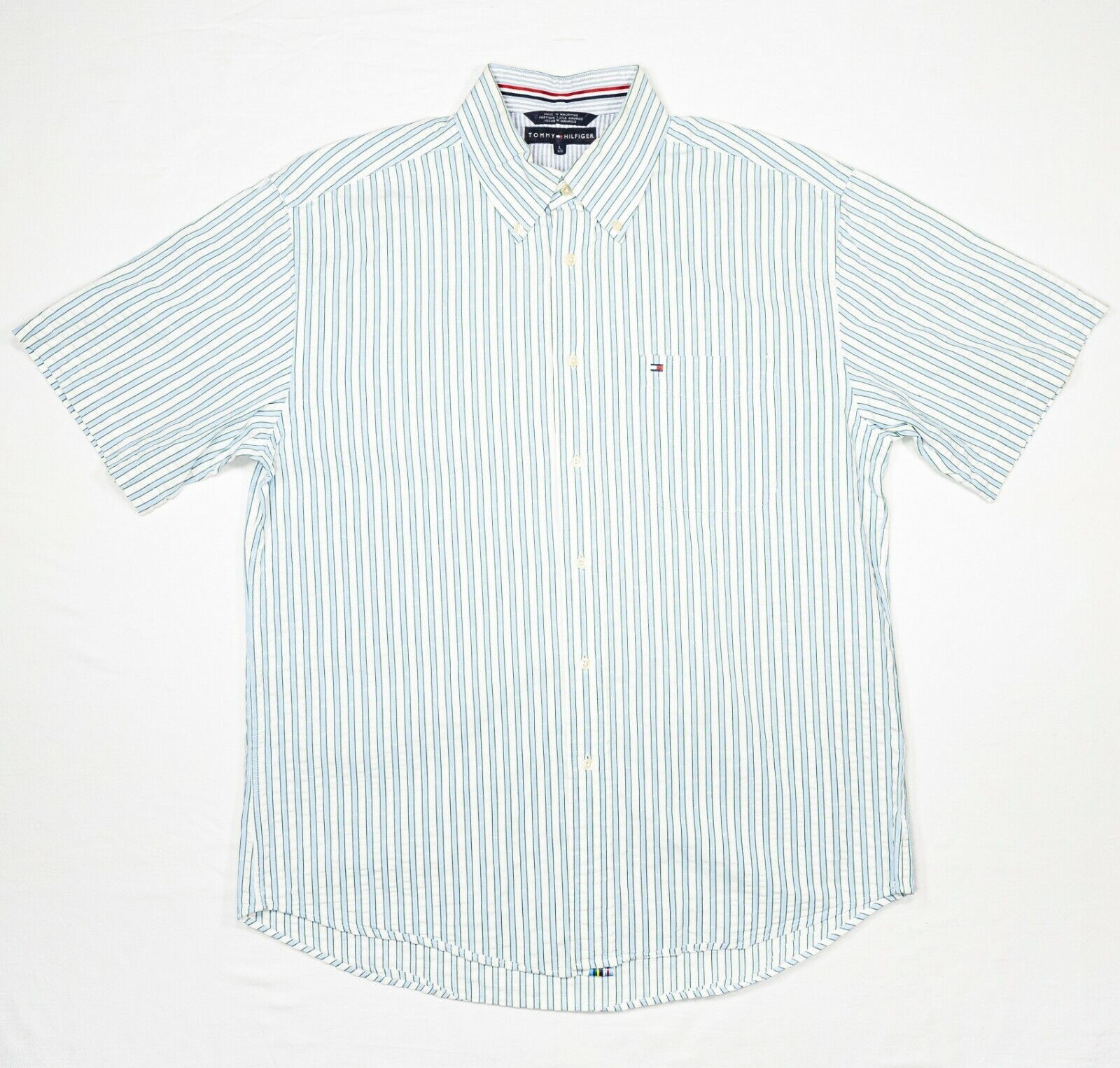 Primary image for Tommy Hilfiger Button Down Shirt Blue White Striped Mens L Flag Logo Cotton