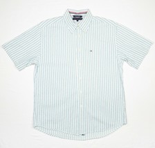 Tommy Hilfiger Button Down Shirt Blue White Striped Mens L Flag Logo Cotton - £13.23 GBP