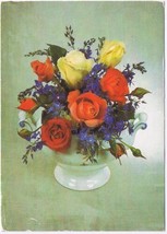 Germany Postcard Vase of Roses Red Yellow Pink - £1.69 GBP