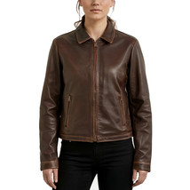 Cocoa Distressed Brown Collar Genuine Leather Jacket - $340.77 CAD