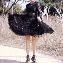 Black Knee Length Layered Tulle Skirt Plus Size A-line Princess Tutu Skirt image 1