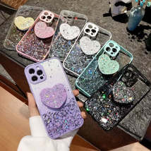 Transparent Glitter Phone Case with Heart Grip Holder for iPhone 14 13 12 11 Pro - £12.70 GBP