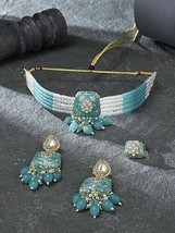 Turquoise Blue Meenakari Multistrand Beaded Kundan Choker Earring Jewelry set - £19.85 GBP