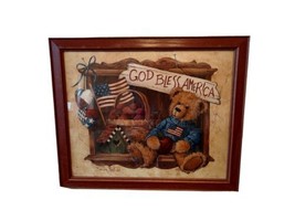 Home Interiors Barbara Mock God Bless America Teddy Bear Framed Print 22.5x18.5 - £20.94 GBP