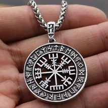 Men Silver Norse Viking Rune Vegvisir Compass Pendant Necklace Braided Chain 24&quot; - £9.38 GBP