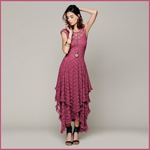Bohemian Sleeveless Tiered Sheer Layered Lace Asymmetrical Hem Evening Dress image 6