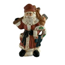 Santa Claus Ceramic Figurine 6&quot; Holding Wreath Sack of Toys Christmas Holiday - £7.89 GBP