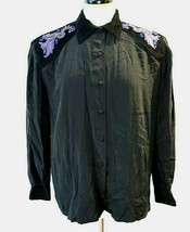 Cedars Western Shirt Black Embellished Long Sleeve 80s Rockabilly Silk Leather - £32.78 GBP