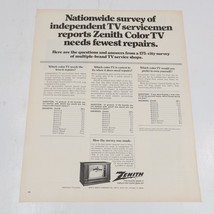1972 Zenith Color TV Needs Fewest Repairs Print Ad 10.5x13.5&quot; - $8.00