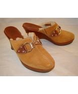 COLE HAAN Camel Brown Sueded Leather JIANNA Wedge Mules Clogs w/ Shearli... - $9.70