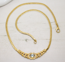 Vintage 1980s Blue Crystal Gold Plated Flat Curb Link Chain NECKLACE Jewellery - £19.38 GBP
