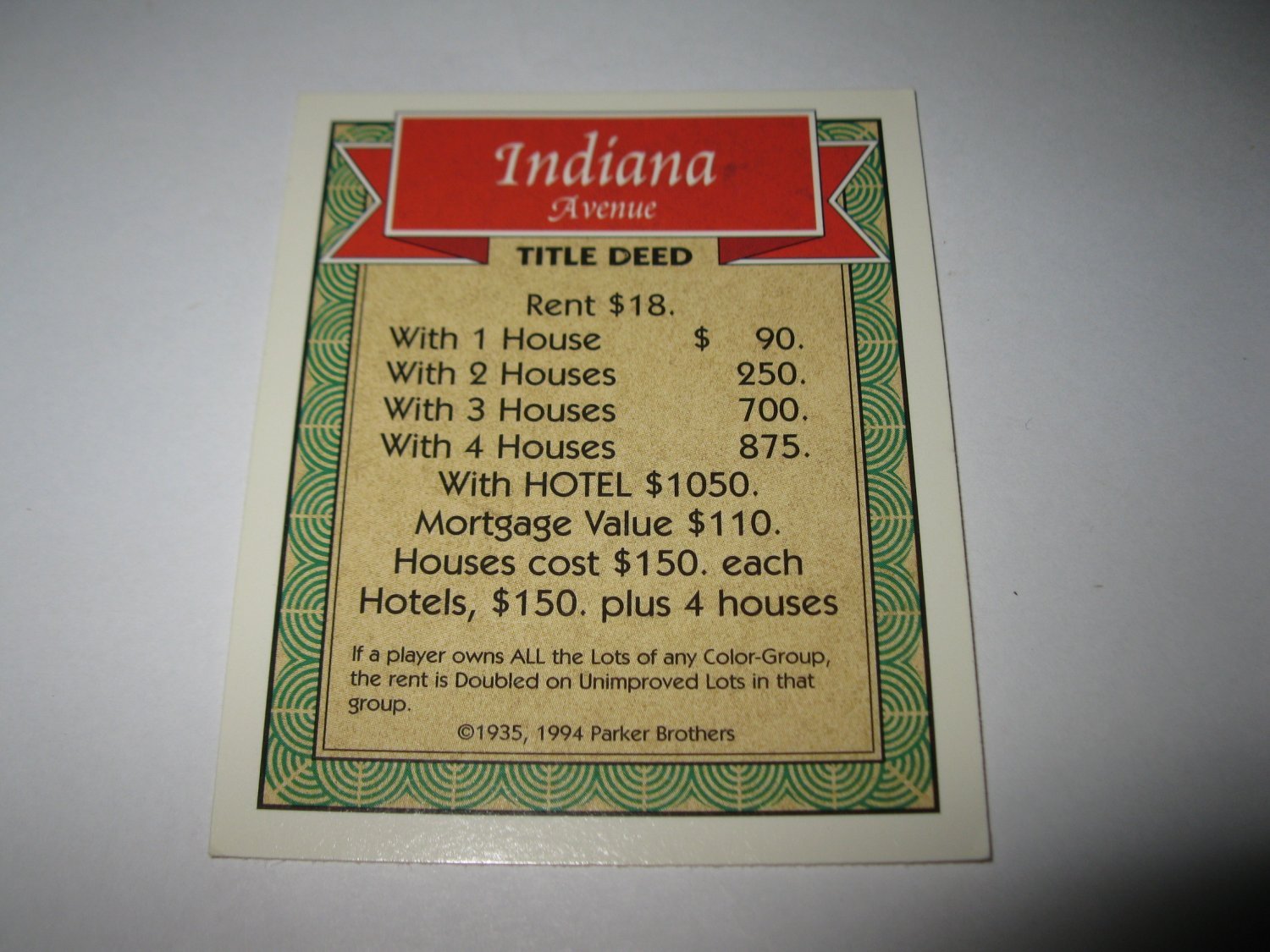 1995 Monopoly 60th Ann. Board Game Piece: Indiana Avenue Property Deed - £0.79 GBP