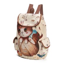 Ladies Cute Cat Printed Canvas Backpack Drawstring Backpack Shopping Bag Travel  - £21.74 GBP