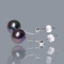 Marvelous 11mm Peacock Black Blue Edison Cultured Pearl Classy Dangle Earrings - £82.07 GBP