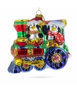 Penguins Riding Cho Cho Train Glass Christmas Ornament - £36.12 GBP