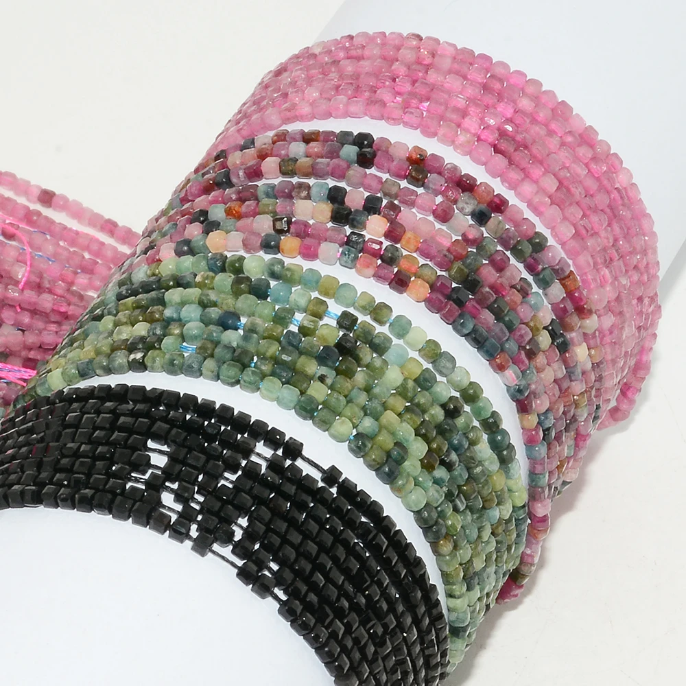 Natural Black/Multicolor/Green/Pink Tourmaline Edge Faceted Cube Beads 2mm-2.2mm - £6.31 GBP