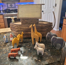 Antique Noah&#39;s Ark Carved Wood Wooden Folk Art w/ Animals Vintage - $149.95