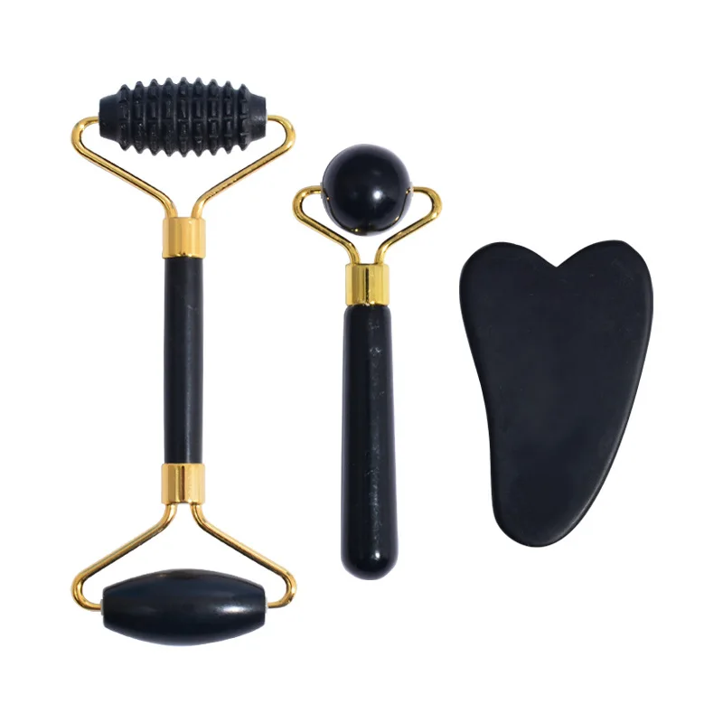 LIZY 3pcs Obsidian Jade Roller Mager Gua Sha Scraper Set for Face Lifting Two he - $101.00