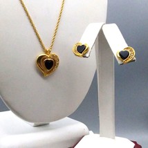 Vintage Avon Parure, Onyx and Crystal Heart Pendant Necklace and Matchin... - $38.70