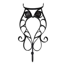 Vintage Wrought Iron Owl Coat Hanger Wall Black Glass Eyes 5W X 11H Curled - £14.94 GBP