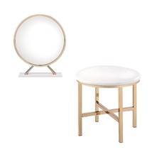 Midriaks 16&quot;x16&quot; Mirror &amp; Stool, Faux Leather , White &amp; Gold Finish - $176.00