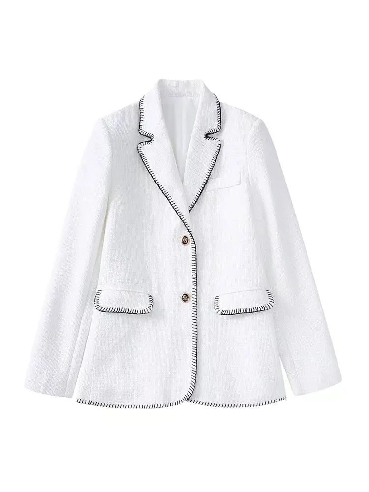 TRAF Women  Contrast Seams Tweed Straight Fit Blazer Coat Vintage Long Sleeve Fl - £180.83 GBP