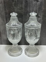 2 Tall Pressed Glass Apothecary Jars Covered Elegant Candy Mantle Heavy Footed - £116.10 GBP
