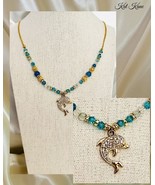 Dolphin Lovers Dressy Gold Rhinestone, Teal &amp; Turquoise Necklace for Girls - £16.00 GBP