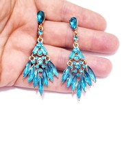 Bridesmaid Drop Earrings, Rhinestone Crystal Earrings, 2.6 inch Aqua Chandelier  - £29.14 GBP