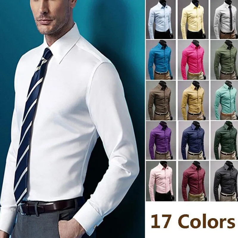 Mens Slim Fit Long Sleeve Dress Shirt Collar Button Casual Formal Business Tops - £28.04 GBP