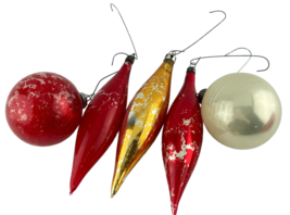 Vintage Distressed Christmas Tree Glass Ornaments Lot of 5 Red White Gold - £11.42 GBP