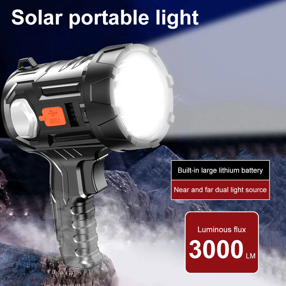 High Power Rechargeable Solar Led Flashlight Searchlight 2200 Lumens Powerful - £18.26 GBP