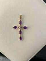 14K Yellow Gold Over 2.50Ct Marquise Simulated Amethyst Cross Pendant Women - £103.59 GBP