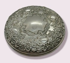 VINTAGE Round Hand Mirror Pocket Purse Embossed Silverplate Repousse Flowers 4&quot; - £11.67 GBP