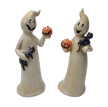 Halloween Ghost Holding Jack-O-Lantern Pumpkin Black Cat Glitter 8&quot; Set of 2 - £16.21 GBP