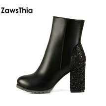 fashion winter golden silver red bling glitter boots block high heels woman ankl - £79.42 GBP