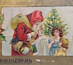 Christmas Postcard Santa Claus With Toys Doll Drum Children Xmas Tree Em... - £7.10 GBP