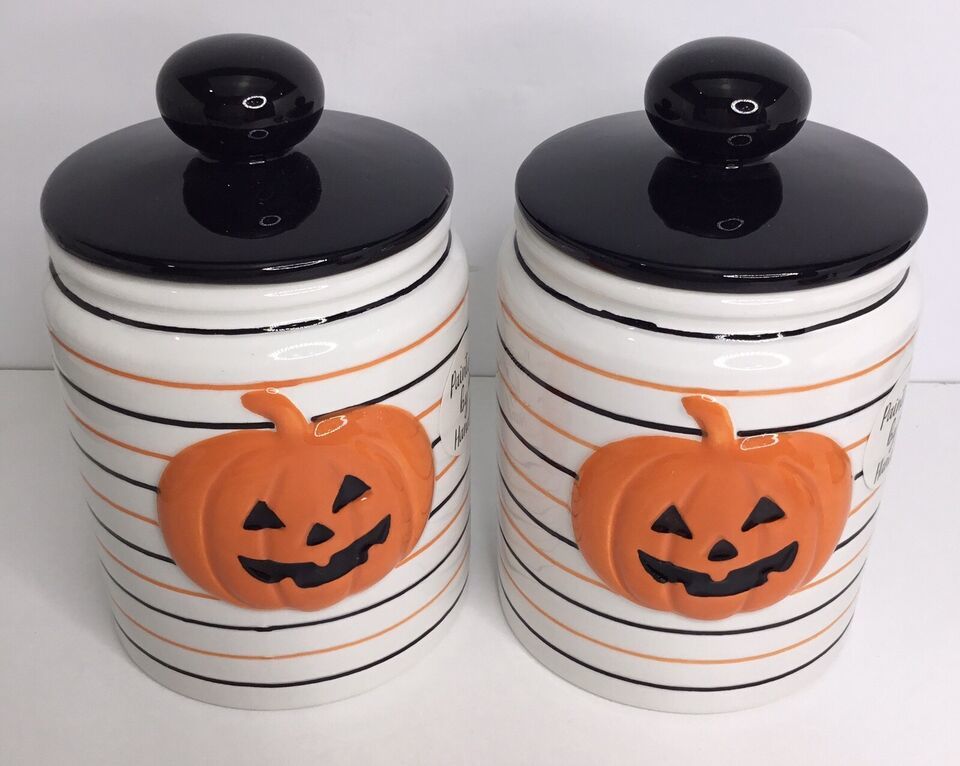 2 Halloween Pumpkin Candy Treats Cookie Jar w/ Lid Lang Design New - £21.93 GBP