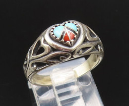 WHEELER 925 Silver - Vintage Turquoise &amp; Coral Open Heart Ring Sz 6.5 - RG25525 - £53.06 GBP