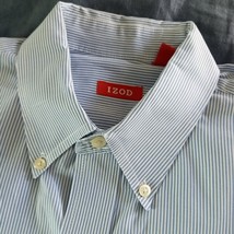 IZOD Blue White Pinstripe Button Down Dress Shirt 100% Cotton Collar Cuffs Large - £15.61 GBP