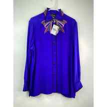 Bob Mackie Western Silk Top Collared Long Sleeves Shoulder Pads Blue Size L NEW - £20.04 GBP