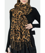 Coffee Leopard Print Fringed Warm Large Scarf - $10.43