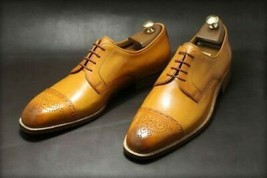 Men&#39;s Handmade Genuine Tan Leather Oxford Brogue Toe Cap Lace Up Wedding Shoes 2 - £114.95 GBP