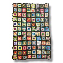 Vintage Granny Square Crochet Afghan Blanket Black Colorful Roseanne 64&quot;... - $35.95