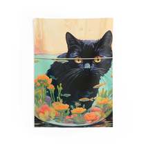 Black Cat And Goldfish Tapestry , Flower Classic Kitten Picture Decor Minimalist - $28.10+